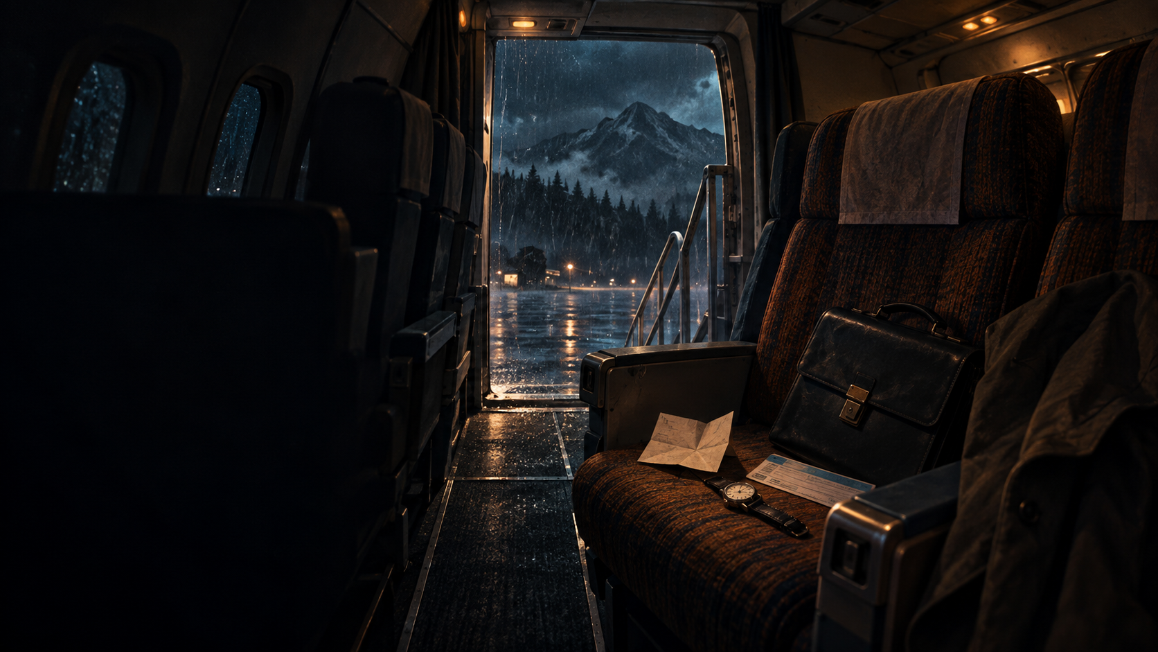 A stormy aircraft cabin at night
